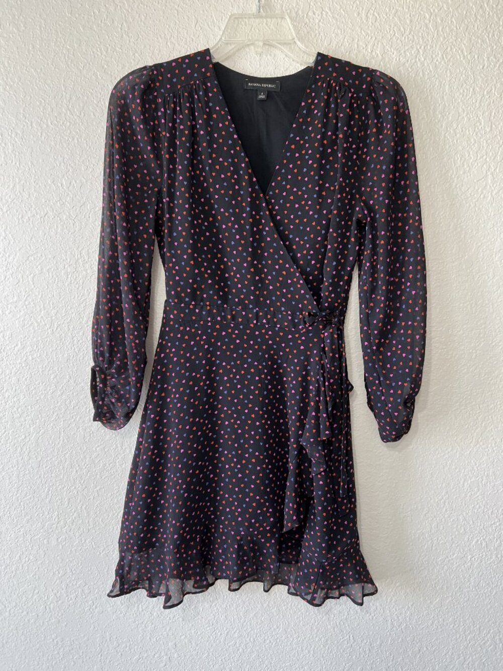 Banana Republic Faux Wrap Dress Heart Print Ruffle Sheer Long Sleeves Size 4